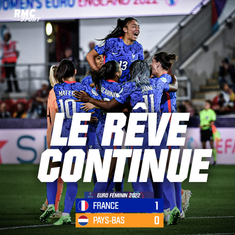 RMCsport's tweet photo. 🇫🇷👏 C'EST FAAAAAAAAAIT ! La malédiction est brisée ! Pour la première fois de son histoire, les Bleues se qualifient dans le dernier carré de l'Euro, et affronteront l'Allemagne mercredi soir. Bravo les Bleues !