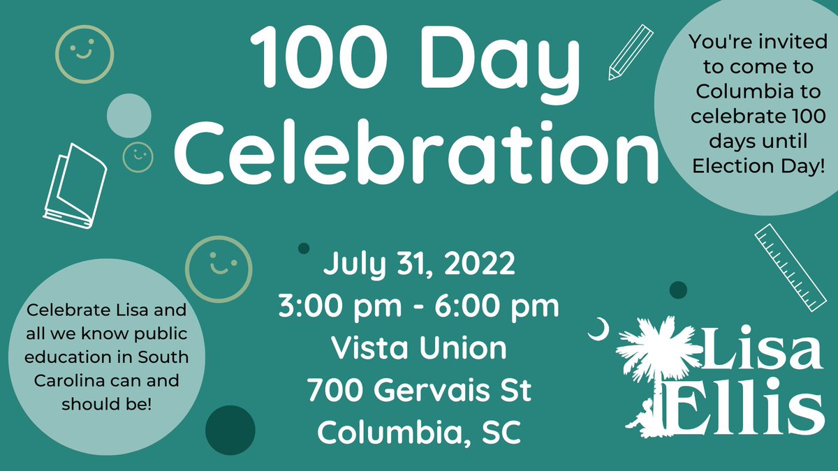 Mark your calendars! Join us in Columbia on July 31st for our 100 Day Celebration. We are also collecting school supplies for students and teachers on this day. Can't join us? Please consider collecting school supplies in your area and we will give drop-off locations. #TeamLisa