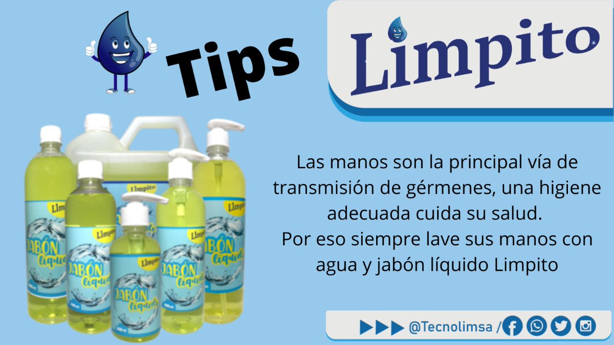 Tecnolimsa's tweet photo. El día de hoy Limpito te trae un tip.
Para una adecuada limpieza de tus manos utiliza Jabón líquido Limpito. Tecnolimsa limpiando tu futuro. 
#Tecnolimsa #Limpito #higiene #salud #somosTecnolimsa #JabonliquidoLimpito https://t.co/a2eEBPyhUv