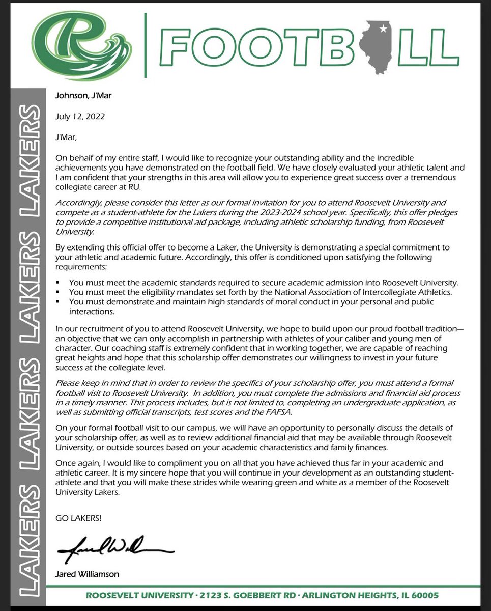 JohnsonJmar23's tweet photo. Blessed to receive an official offer from the university of Roosevelt🙏🏾🟢⚫️. Thank you @Coach_Davis42 and @RULAKERFB https://t.co/GjjsxUDONK