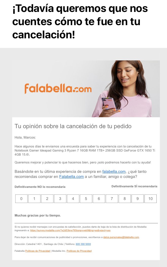 MarcosPintoM's tweet photo. Así se burla @FalabellaAyuda @CMRayudaCL @CMRchile @gbottazzini de los clientes realizando encuestas de devoluciones de dinero que no hacen y esperando casi dos meses la devolución de dinero pagado al contado producto que nunca llegó estafado x  #falabella https://t.co/jo1ByogroB