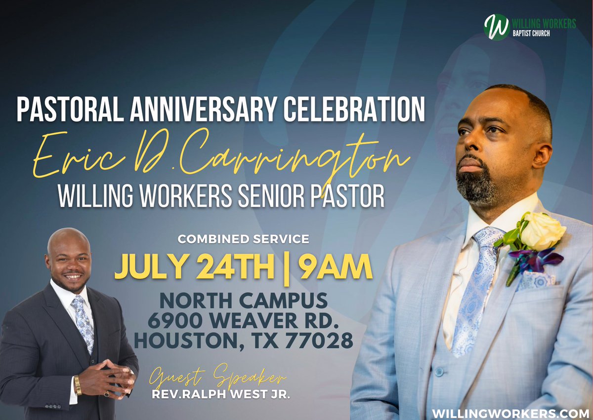 Willing_Workers's tweet photo. On tomorrow we will celebrate our Senior Pastor Eric Carrington’s 1st Pastoral Anniversary. We will have 1 service @ our North campus @ 9:00 am w/ Guest Minister Rev. Ralph West II. Feel free to join us for this momentous occasion as we celebrate our wonderful Senior Pastor. https://t.co/cGqJPRxCEm