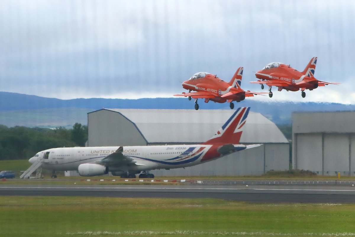 Two <a href="/rafredarrows/">Red Arrows</a> taking off today from <a href="/GPAPassenger/">Prestwick Airport</a> Prestwick over the RAF VIP Voyager