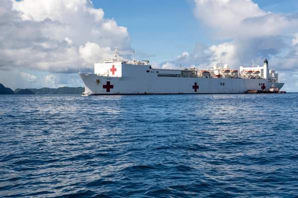 U.S. Navy's Military Sealift Command hospital ship USNS MERCY T-AH 19 sits at anchor upon its arrival off the coast of Koror, Palau during #PacificPartnership2022. Now in its 17th year.