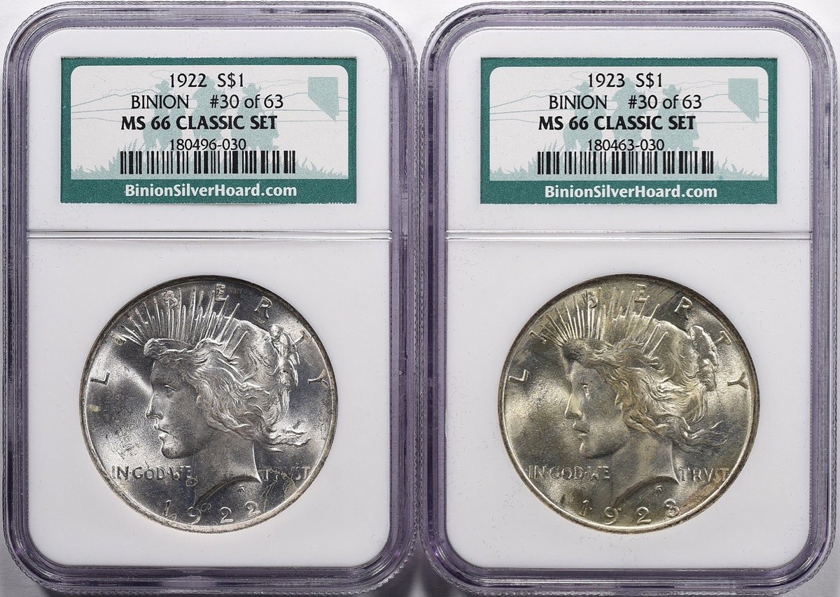 investiblecoins's tweet photo. Stunningly lovely set of Binion Collection Hoard MS-66 Peace Silver Dollars. #coin #coins #coincollecting #collectors #collecting #cointok #silver #gold #beauty #pcgs #ngc #beauty #numismatica #numismatics #peacedollars #auction #coincollection #fypシ #Americana #silverdollars https://t.co/UzDcjbY9Dl