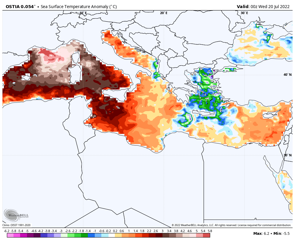 Europe is not just experiencing heatwaves on land. 

The Mediterranean Sea is experiencing a brutal marine heatwave this July, which will have devastating impacts on marine ecosystems while also enhancing heatwaves on land.

Water temperatures are as high as 6.2°C above normal!