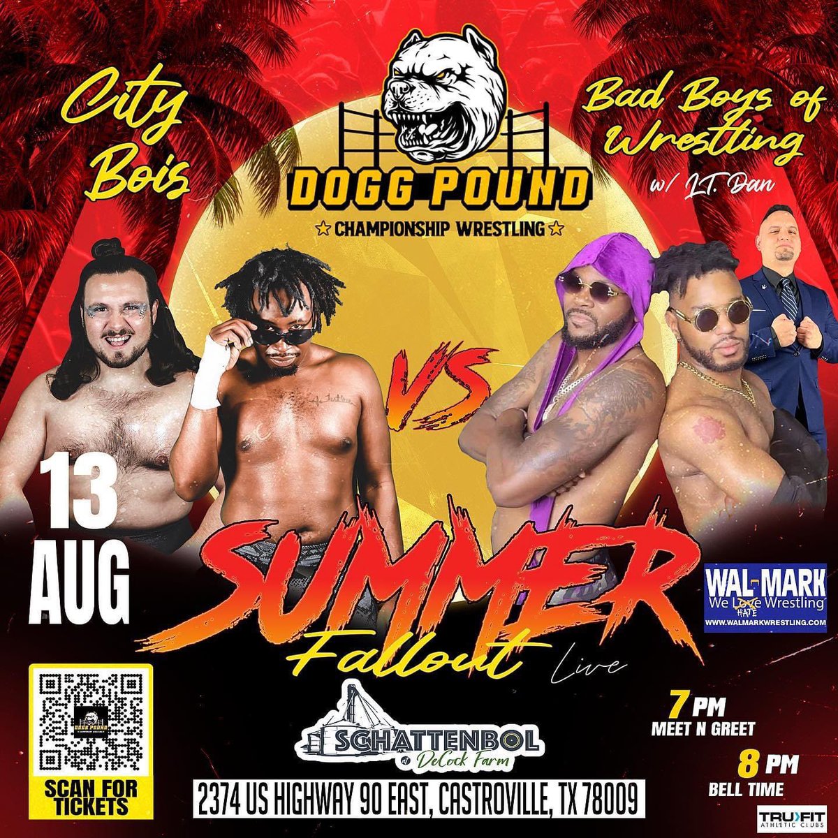 LTDanTheVoice's tweet photo. MATCH ANNOUNCEMENT
‼️MENS TAG TEAM MATCH‼️
Per @dpcwrestling Board of Directors
🌴CITY BOIS VS B.B.O.W w/ LT DAN 🌴
SCHATTENBOL @ DECOCK FARM
2374 US HWY 90 EAST
CASTROVILLE. TX 78009
Bell Time: 7pm
#doggpound #DPCW #DP4L #TSWPLUS #DPDJ #SUMMERFALLOUT https://t.co/uDriktsv0I