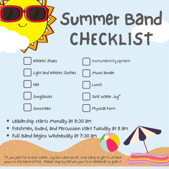 ☀️☀️Summer Band Checklist☀️☀️

Can’t wait to see everyone this week!!!