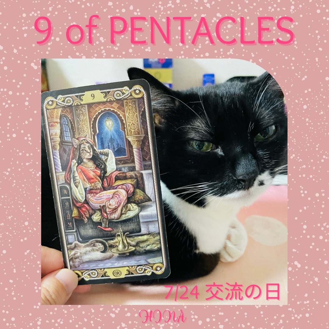 oraclerinko's tweet image. 7/24交流の日🤝周囲の人とのコミュニケーションに喜びを感じ、そこから幸運が運ばれてくる✨階段を1段上がれるチャンス🎶自信も芽生え、才能を生かせるでしょう👍人からの申し出はありがたく受けて💝 #9ofPENTACLES #かぁちゃんのタロットマットの上で寝てやるﾆｬ #デイリータロット #CATTAROT