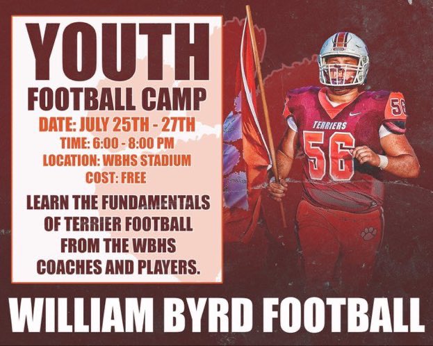 We will be holding our annual Terrier Youth Football Camp on July 25th - 27th. This camp is FREE to all future Terriers. Learn football fundamentals from our coaches and current players. No registration is required. See you Monday. #InvestInYourCommunity