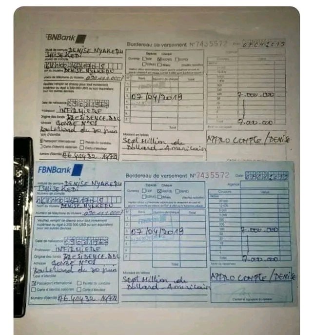 zima_glody's tweet photo. #RDC: Voici un Bordereau de versement de la FBNBANK de 7 Millions de dollars de la présidence pour approvisionner l'infirmière Denise Nyakeru Tshisekedi . Qu'avait elle fait en tant qu'infirmière de la Présidence pour mériter ce paiement à coût des millions de dollars ? https://t.co/BnQF5myNuE