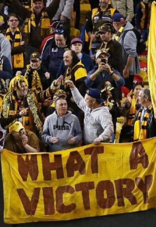 M4_Hawks's tweet photo. For those who knew or know of Arthur "The whistler"  passed away yesterday. A Passionate Hawks and Boxhill supporter "What a Victory" banner he would show on every Win on game day. 
He will be sadly 😥 missed by all who knew him .Condolences to the family and may he RIP. https://t.co/KX7IByUVcU