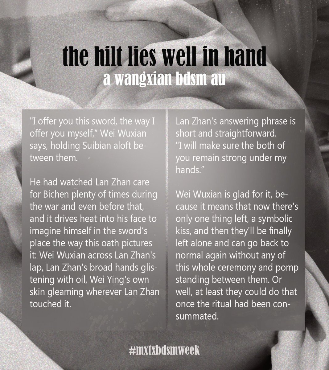 HSkyfarer's tweet photo. ⚔The Hilt Lies Well In Hand for #mxtxbdsmweek 
Days 1-7
⚔12K, Rated E, Complete
⚔#wangxian BDSM AU
⚔ Featuring soft dom LWJ &amp; didn’t-know-he-was-sub WWX
⚔(+ swords used inappropriately during sexy times &amp; undernegotiated everything lol)
https://t.co/IsH51yVPJ6 https://t.co/8oc504CVBS