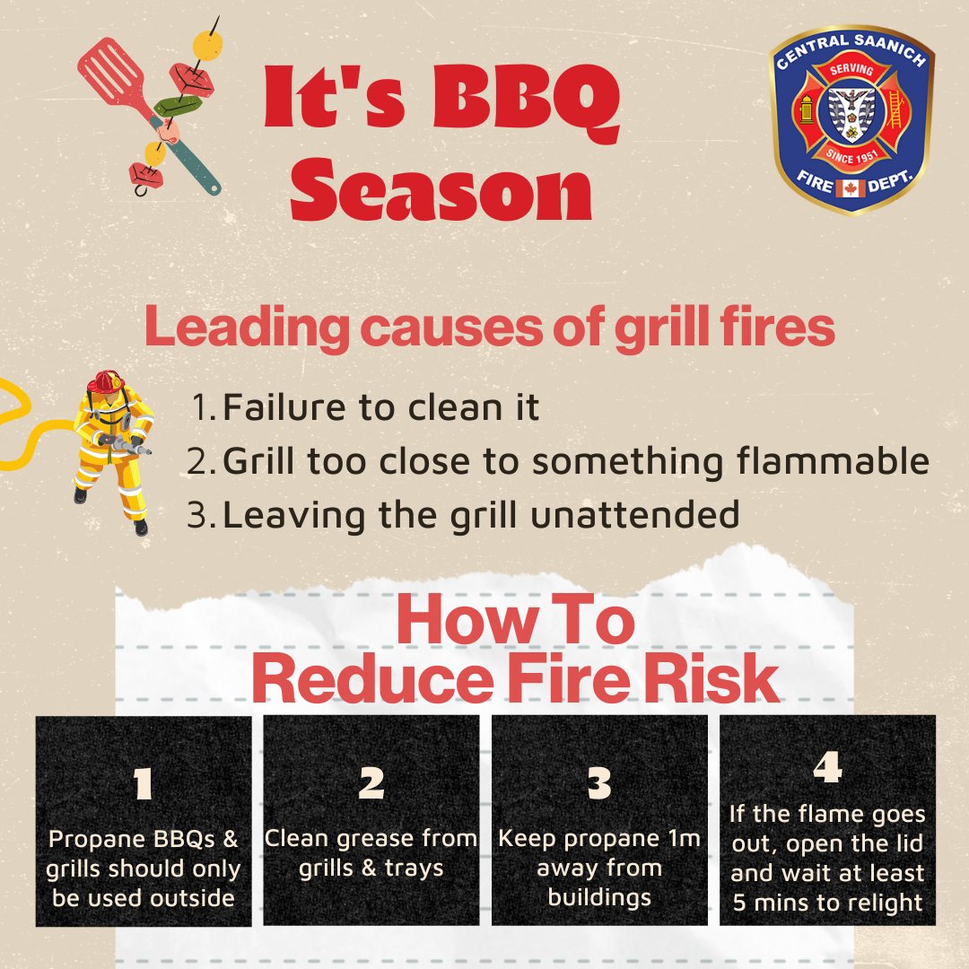 CSaanichFire's tweet image. Important BBQ safety information as the beautiful weather is upon us. @CSaanichFire is here to educate, prevent, &amp;amp; respond in the interest of public safety. #CSaan #GrillSafety