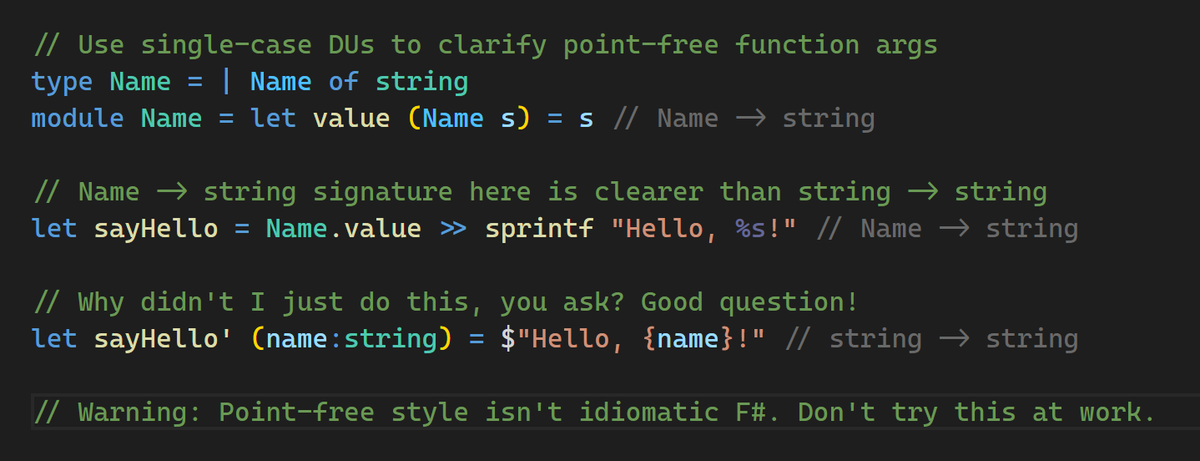 TheOlegarchy's tweet photo. Experimenting with single-case DUs to clarify point-free function args. Worth it? Don't answer that 😅
#fsharp #readablecodegolf #pointfreestyle https://t.co/LL7sJ0bY5G