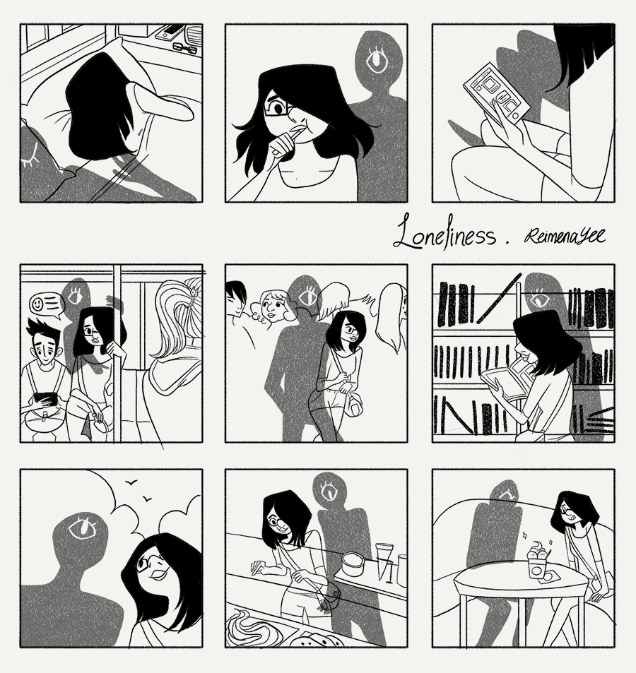 Text: Loneliness, by Reimena Yee

Image: 9 panels of the author's life. The author asleep. Brushing her teeth. Scrolling through Twitter. On the train. Walking through a crowd. Browsing a bookstore. Looking at the clouds. Choosing food off a counter. Enjoying a sundae. She is by herself through all of this, except she is being followed (or hanging out?) with a one-eyed humanoid ghost.