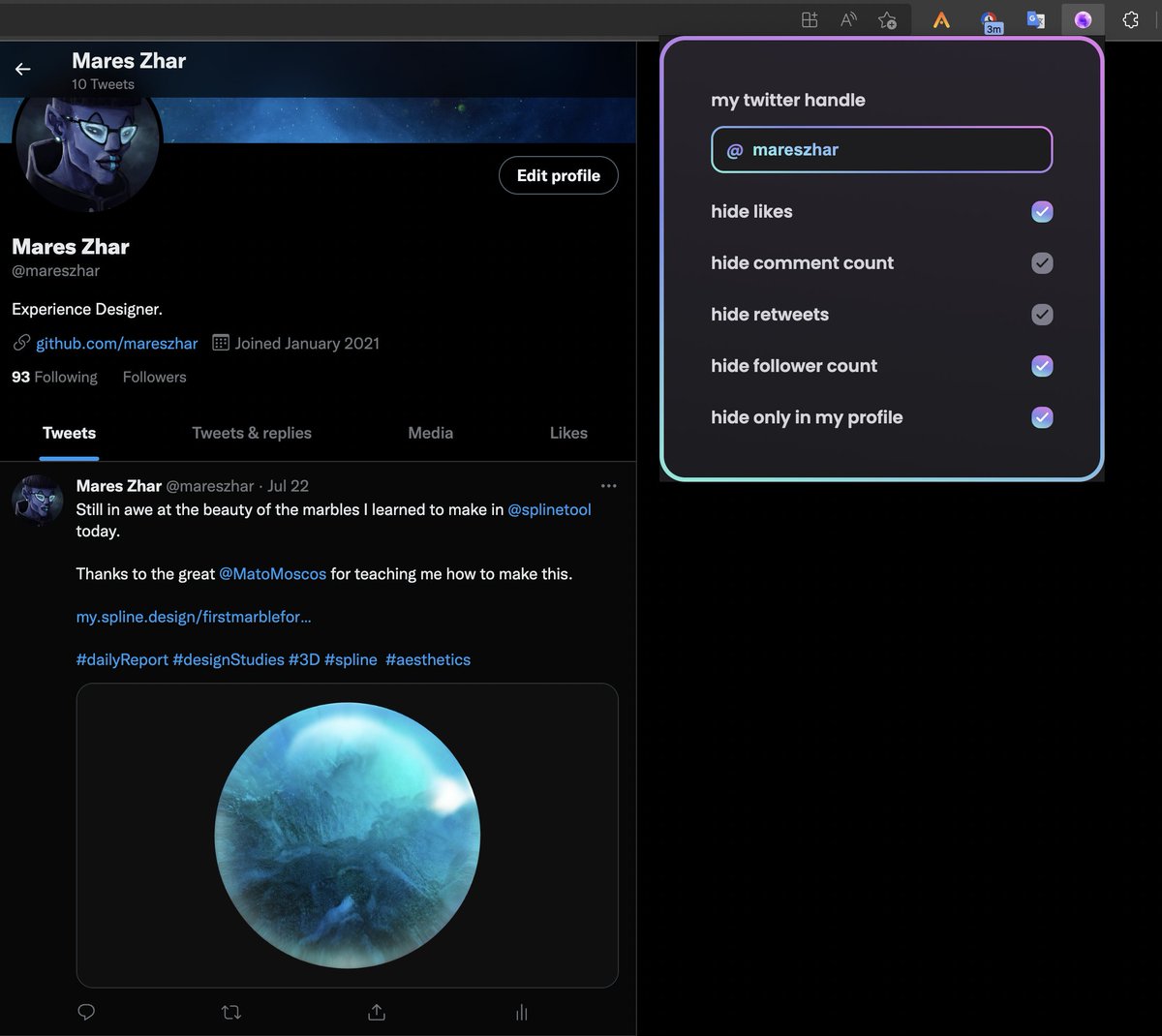 mareszhar's tweet photo. I finished building the #browserExtension to hide vanity metrics on @Twitter today ✨!
Huge thanks to @GeorgePark_ for teaching me how to nail the tricky gradient borders 🤗
Future plans: Upgrade to #typescript, #vue, and add support for more sites!
#dailyReport #codeStudies https://t.co/okGVaIk1k2