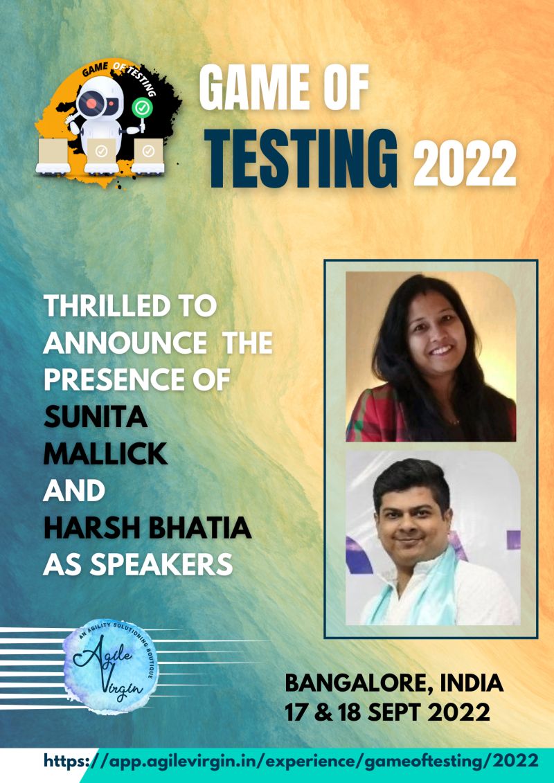 GameOfTesting's tweet photo. 📢𝐒𝐮𝐧𝐢𝐭𝐚 𝐌𝐚𝐥𝐥𝐢𝐜𝐤 &amp; 𝐇𝐚𝐫𝐬𝐡 𝐁𝐡𝐚𝐭𝐢𝐚📢 are our speakers for the Game of Testing In-Person Unconference. 

The speaker duo will discuss "𝘽𝙚𝙨𝙩 𝙏𝙚𝙨𝙩𝙞𝙣𝙜 𝙎𝙩𝙧𝙖𝙩𝙚𝙜𝙮 𝙛𝙤𝙧 𝘼𝙍, 𝙑𝙍, 𝙈𝙍 𝘼𝙥𝙥𝙨".  

👉Early Bird🎟️🎟️: https://t.co/MrnpI2rK14 https://t.co/94sksG52mA