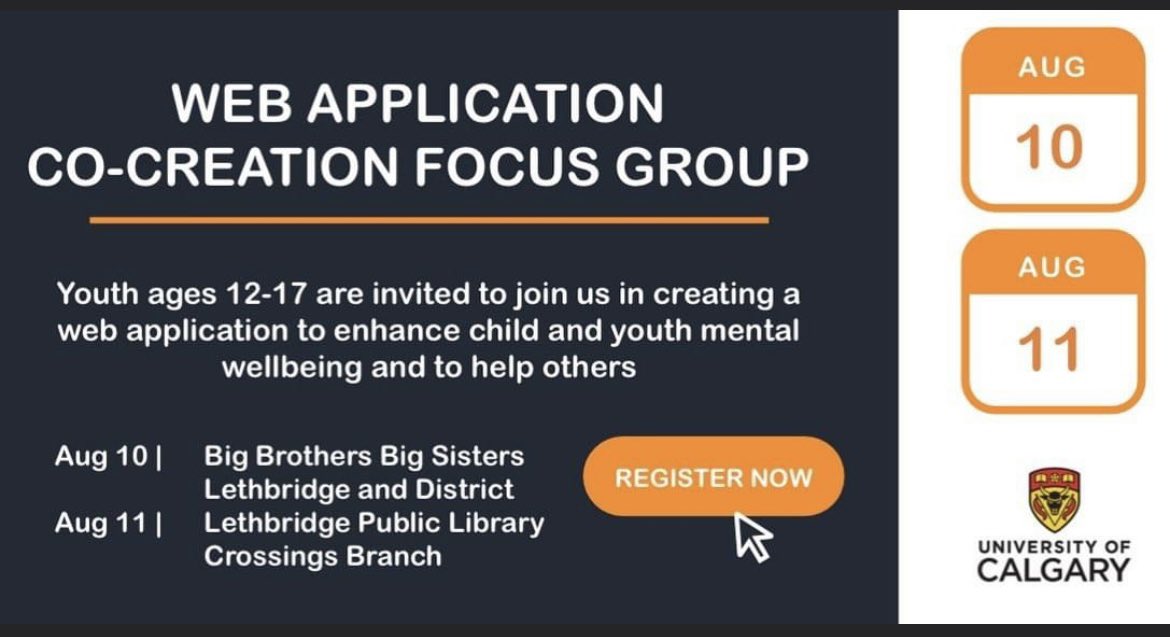 Lethbridge youth! We want your input! Please join us on 
August 10th at Big Brothers Big Sisters from 1-3 pm or on August 11th at the Crossings Library from 5:30-7:30 pm. Register at childrenandyouthmentalhealth.com/events #yql #lethbridge #lethbridgealberta
