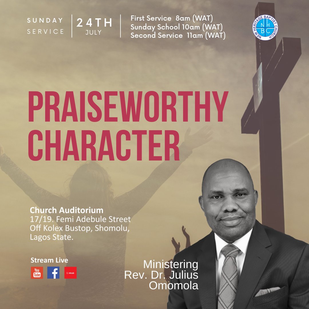 NHBCHQ's tweet photo. "Character is who you are when nobody is looking at you"
Kindly join us tomorrow as we will be learning how to build a praise worthy character, it will be a refreshing time in His presence.
#NHBCShomolu
#praiseworthycharacter
#extravagantpraise https://t.co/xPyXX1nDdN