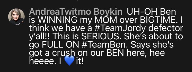 AndreaTwitmo's tweet image. Uh-oh. #TeamJordy has a defector. My mom is leaning #TeamBen. This is for you @Meidas_Mel ~ lolololol

I turned her onto #MeidasMighty and she pays me back by bailing on my JORDY, lolol

Good thing we are really all #OneTeam xoxoxoxx

Love ya girlie. MISS your pretty face!Ⓜ️Ⓜ️💙