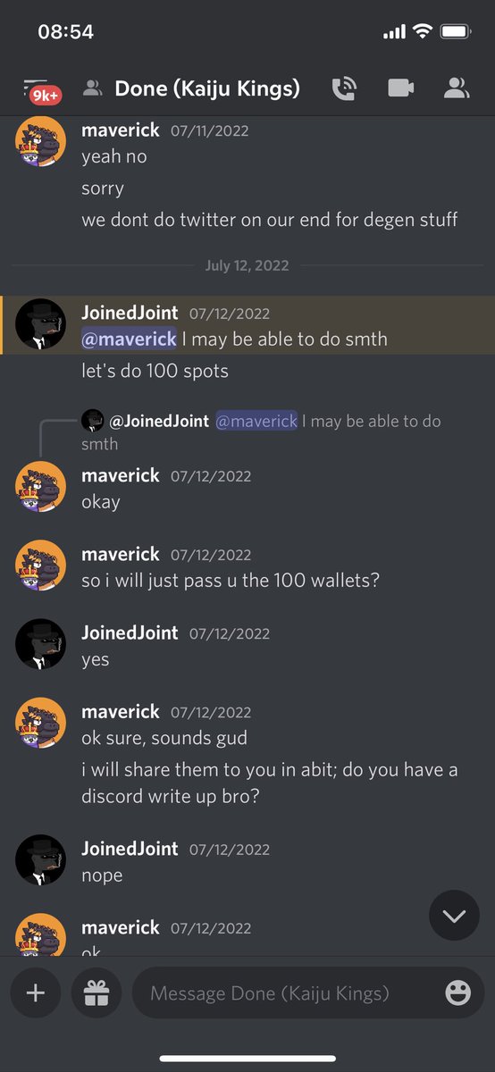 <a href="/Pepeapesnft/">PepeApes</a> Sorry this is really unethical guys. If you see the screenshot which captures our correspondence, I explicitly disallowed the use of using Twitter for degen plays. All <a href="/KaijuKingz/">KaijuKingz</a> please take note and help me Like + RT!