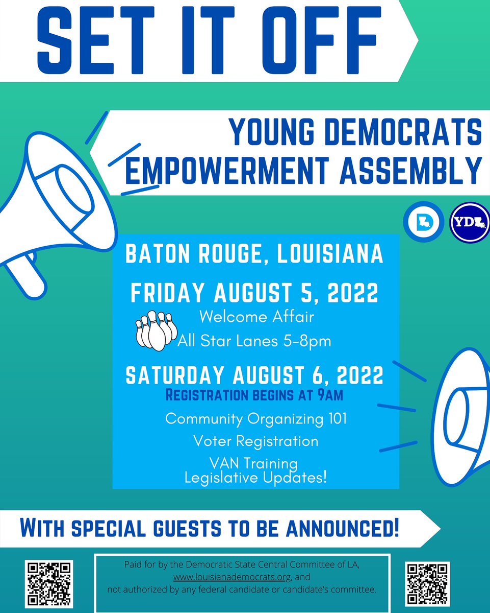 collegedemsla's tweet photo. Registration link: https://t.co/cZI5ZFqAOP

Young Democrats, it's time to SET IT OFF"! Are you ready to engage with elected officials, dive into issue-based organizing, and network with other powerful young folk from across the state? 🧵 https://t.co/8wp5FW3piV