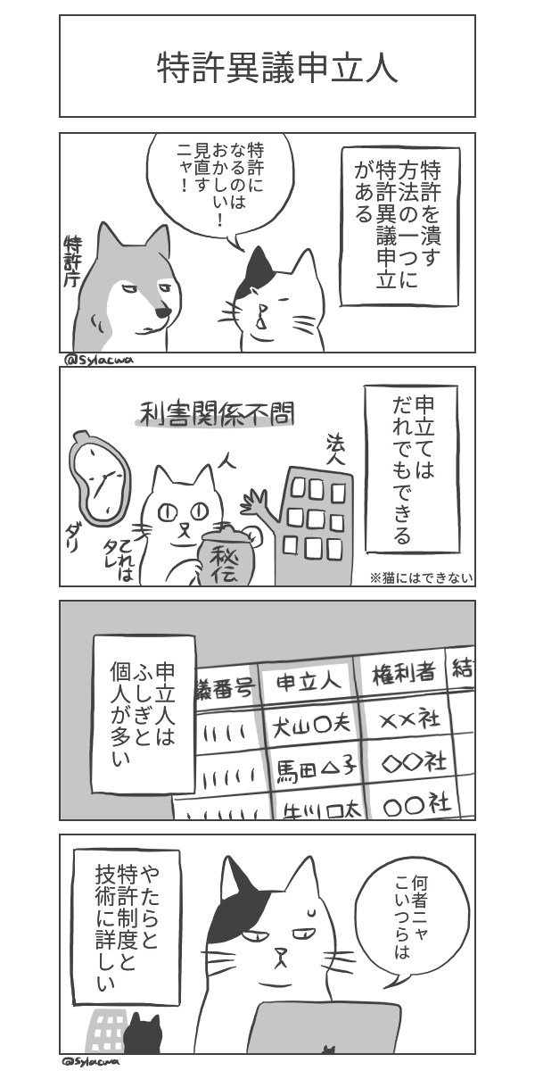 #日曜知財劇場 2022年30本め ちょっとマイニャーな特許異議申立のお話ニャ😸  にゃんでかにゃ? だれでもできるけれど匿名ではできないところがポイントな気がするニャ……😾 #4コマ漫画 #知財マンガ #漫画が読めるハッシュタグ #特許