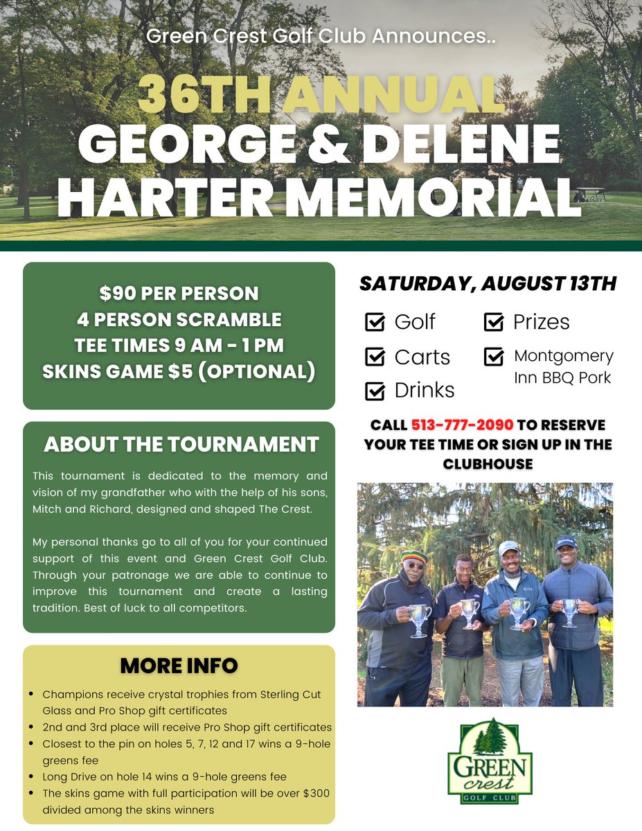 This tournament is dedicated to the memory and vision of my grandfather who with the help of his sons, Mitch and Richard, designed and shaped The Crest. Call 513-777-2090 to reserve your tee time!⛳