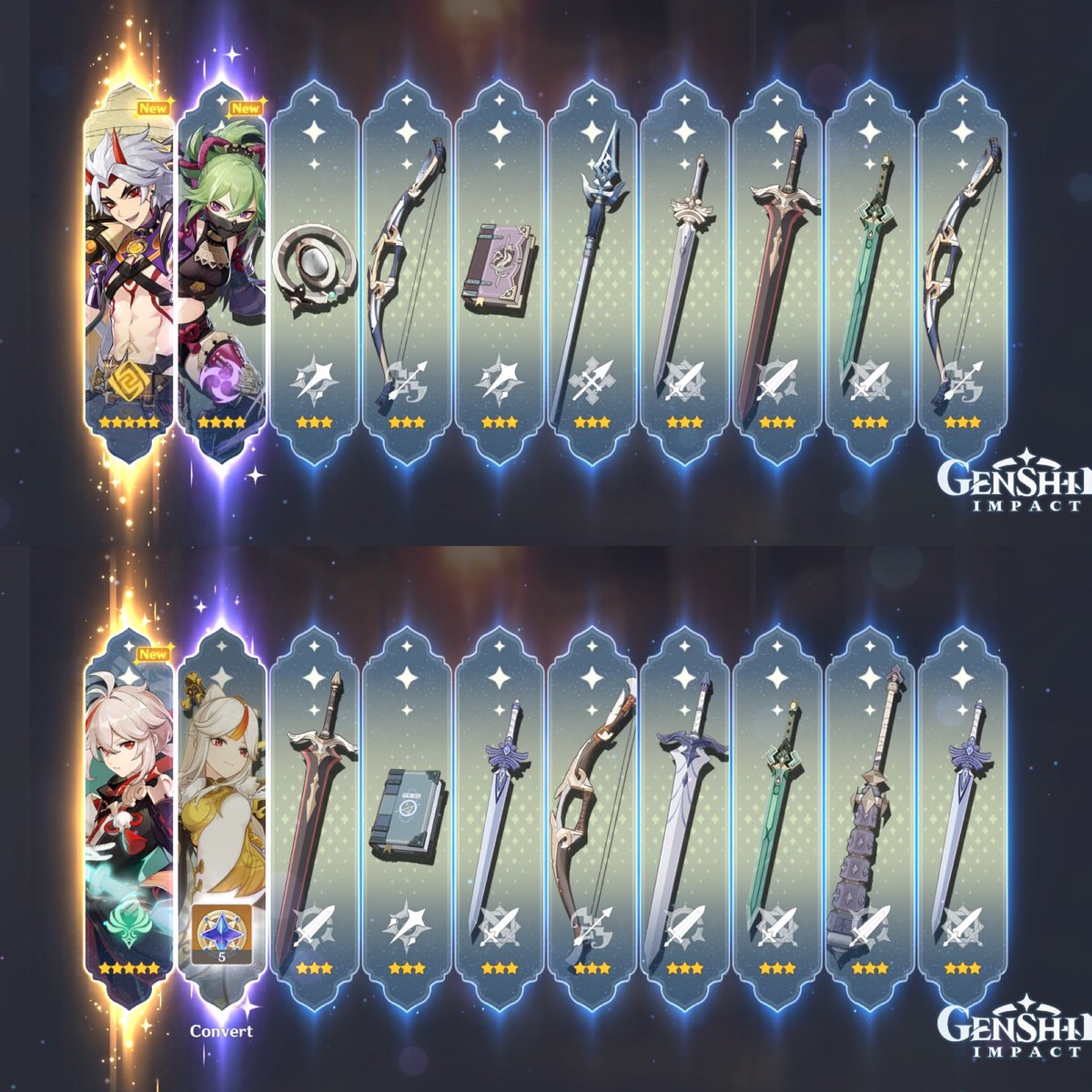 chevjohnsons's tweet photo. @ajaxlogy Itto and Kazuha reruns. Accidentally beating 50/50 twice in a consecutive 10-pull (almost 1 month gap in between pulls) https://t.co/NYgccWqJLZ