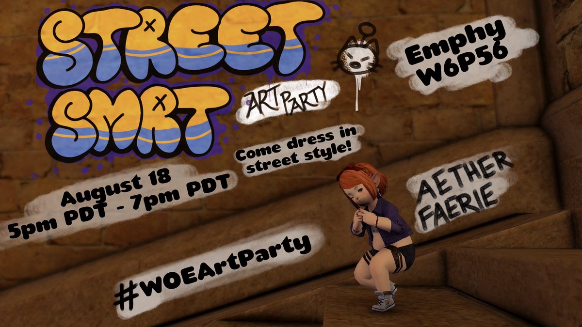 thanksforthetea's tweet photo. ✨STREET SMRT ART PARTY✨

August 18 from 5pm - 7pm PDT
Faerie, Aether DC
Empyreum Ward 6, Plot 56

It's an art/gpose/chill kinda party! Dress up in comfy, fun street fashion!

Everyone is welcome!

#WOEArtParty #AetherArtParty #FFXIVArtParty https://t.co/AyYmKSYMyr