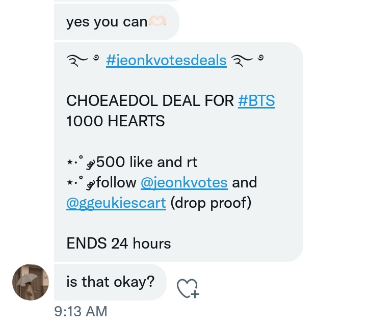 tattskth's tweet photo. ࿐ ࿔ #jeonkvotesdeals ࿐ ࿔

CHOEAEDOL DEAL FOR #BTS
1000 HEARTS

⋆·˚ ༘  500 like and rt
⋆·˚ ༘  follow @jeonkvotes and @ggeukiescart (drop proof)

ENDS 24 hours https://t.co/MJXjW5wEcS