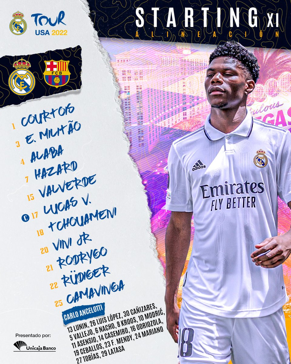realmadrid's tweet photo. 📋✅ ¡Nuestro 𝗫𝗜 inicial 🆚 @FCBarcelona_es! 
@UnicajaBanco | #RMInTheUSA https://t.co/UHxThHQsbs
