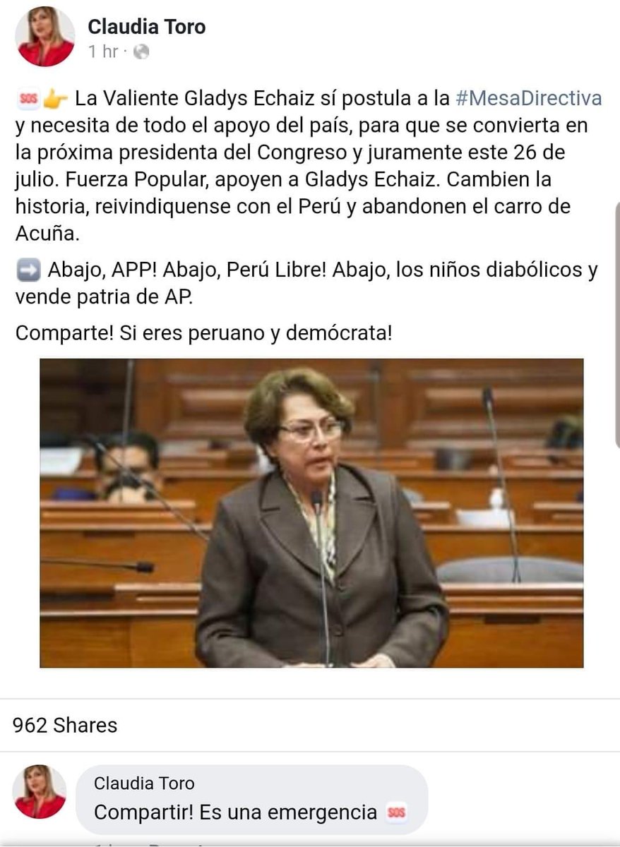 GriseldaCackle's tweet image. Si estás de acuerdo con la candidatura de Gladys Echaiz, comparte la noticia en tu muro. Hagamos tendencia.

#EchaizPresidenteDelCongreso