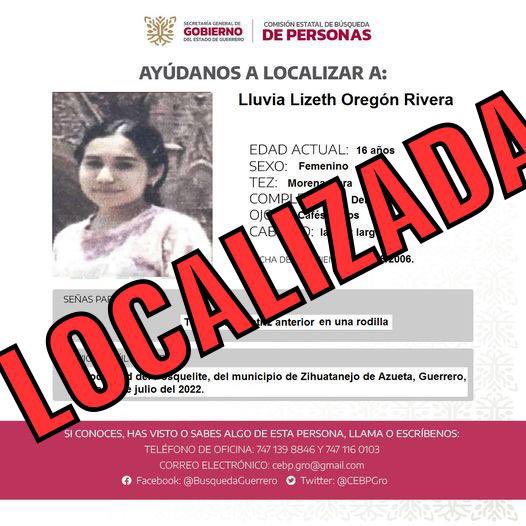 CEBPGro's tweet photo. La Comisión Estatal de Búsqueda de Personas, agradece su ayuda y colaboración, Lluvia Lizeth Oregón Rivera.  Ya fue localizada.
#Zihuatanejo #Chilpancingo #Guerrero #Desaparecidos #AlertaAmber #AyudanosAlocalizar https://t.co/kXIQF3TIcX