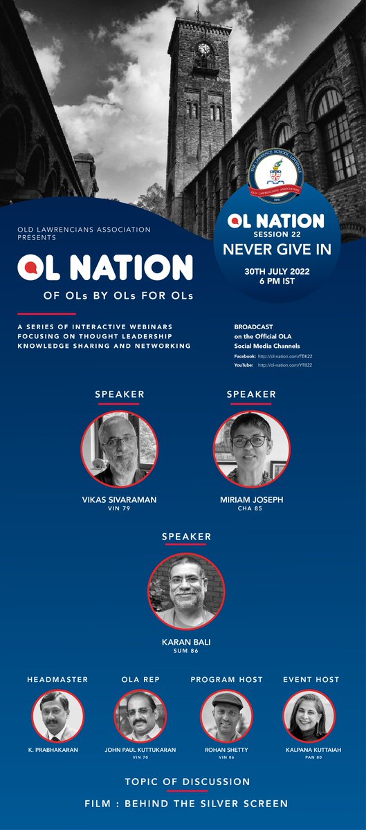 olalovedale's tweet photo. @LSLovedale Filmmakers take you Behind the Silver Screen! Miriam Joseph CHA 85, Karan Bali SUM 86 &amp; Vikas Sivaraman VIN 79 share their insights, stories &amp; more - OL Nation 22 – Sat 30th July at 6pm IST. 
https://t.co/YKFCwJcc1E
https://t.co/QC69p0eCDz
#olalovedale https://t.co/FIrYcMVIvx