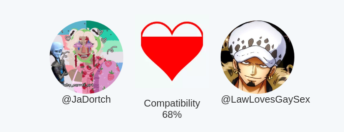 My love compatibility with @LawLovesGaySex is 68%

Calculated with funaroundy.me/lovecalculator…

⠀