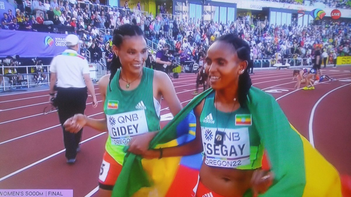 Sylvester Ogbolu-Otutu (@ethioperiverman) on Twitter photo Congratulations #Ethiopia.
#Ethiopian athletes - Gudaf Tsegay wins gold medal & Dawit Seyaum wins bronze medal in the Women's 5000 metres Final Race at <a href="/WorldAthletics/">World Athletics</a> #WAC2022 #Oregon2022. Congratulations to the winners & to all lovers of Athletics.
#EthiopianAthleticsGreatness Congratulations #Ethiopia.
#Ethiopian athletes - Gudaf Tsegay wins gold medal & Dawit Seyaum wins bronze medal in the Women's 5000 metres Final Race at <a href="/WorldAthletics/">World Athletics</a> #WAC2022 #Oregon2022. Congratulations to the winners & to all lovers of Athletics.
#EthiopianAthleticsGreatness