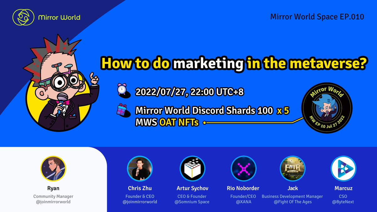 Mirror World Space EP.10 🔥

Topic: How to do marketing in the #metaverse?

🎁 Prize: $Shards &amp; Mirror Badge NFT
⏰ Time: July 27, 10AM EST, 10PM CST
🚩 Location: @joinmirrorworld Twitter Space

Guests and Rules 👇 👇 👇
