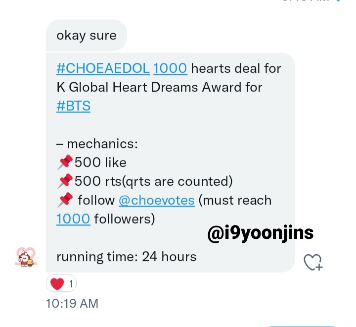 i9yoonjins's tweet photo. ‼️ 1,000 HEARTS FOR #BTS ‼️

Rules:
— 500 likes
— 500 rts (qrts are counted)
— follow @choevotes (must reach 1000 followers)
— 24 hours only https://t.co/ijA7vcXBuk