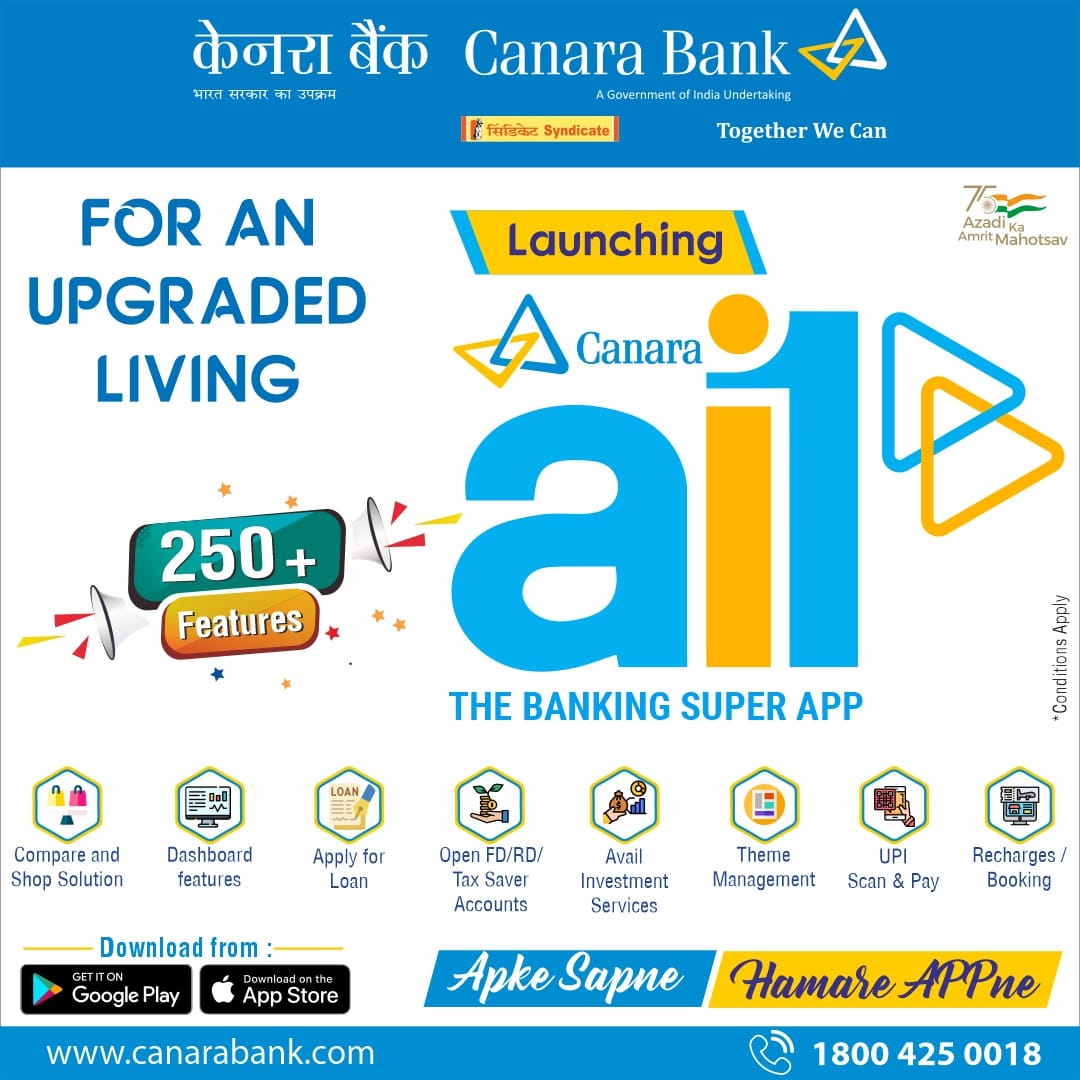canarabank's tweet photo. All your Lifestyle Services at one hotspot! Expect more in your hands with 250+ features. 

Canara Bank launches ai1 - the all in one mobile banking App!

Playstore: https://t.co/1v78INDemJ
Appstore: https://t.co/BtttWngW7m

#ApkeSapneHumareAPPne 
#AmritMahotsav https://t.co/MFdc5zMPYs