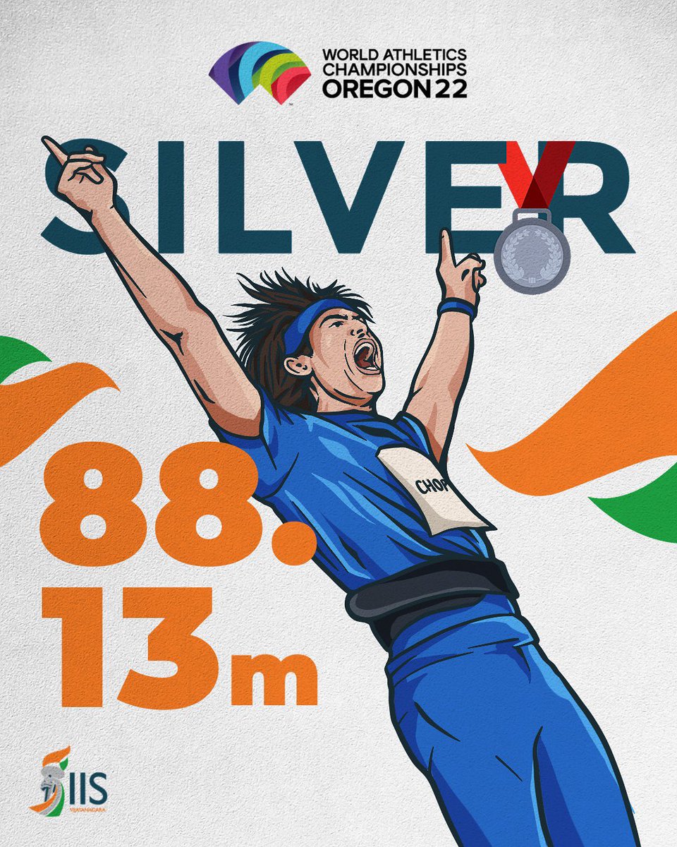IIS_Vijayanagar's tweet photo. IT’S HISTORY AGAIN! 🇮🇳 

With a massive effort of 88.13m, #NeerajChopra becomes the FIRST Indian to win a silver medal at the #WorldAthleticsChamps and only the second to finish in podium places after Anju Bobby George almost 20 years ago. 

#CraftingVictories #WCHOregon22 🇮🇳 https://t.co/Au3viJSTOO