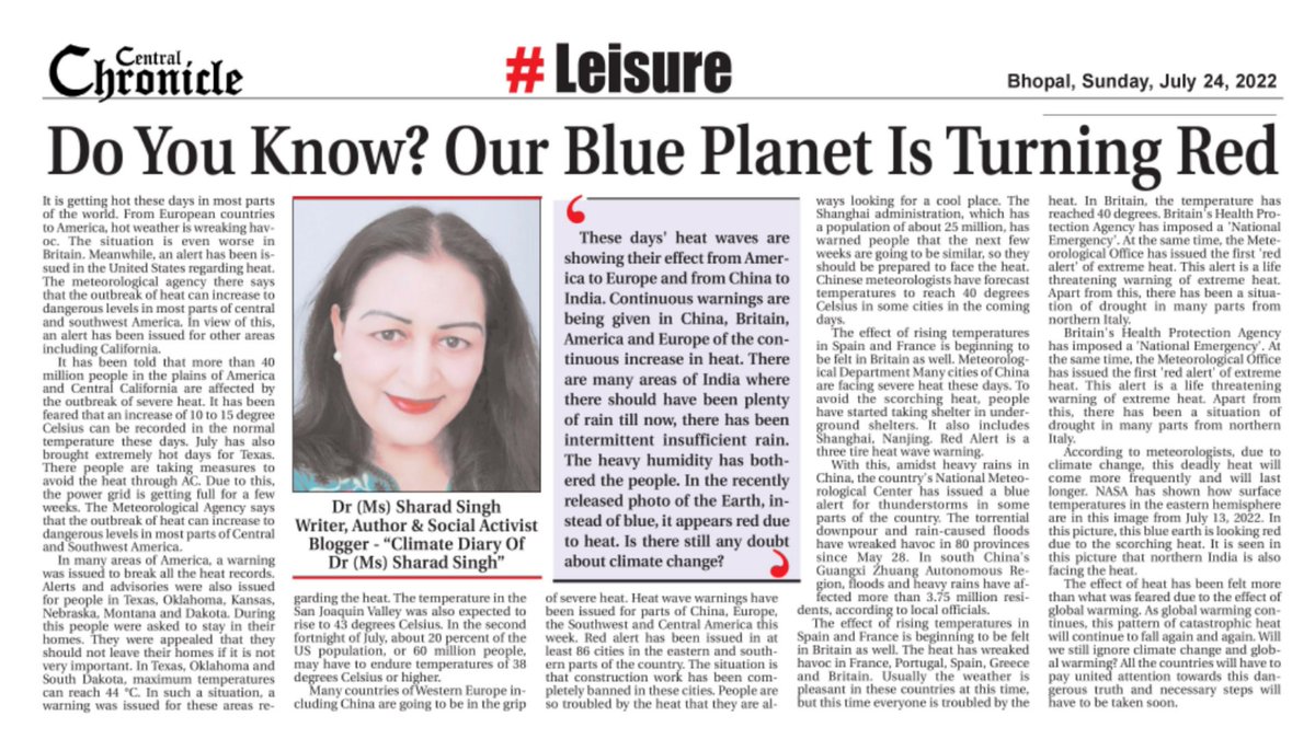MissSharadSingh's tweet image. Article | Do You Know? Our Blue Planet Is Turning Red | Dr (Ms) Sharad Singh | Central Chronicle 

You can read it in my Blog -
sharadakshara.blogspot.com/2022/07/articl…
In my Facebook -
m.facebook.com/story.php?stor…

#climatechange  #MyClimateDiary 
#KnowYourClimate 
#UNClimateChange 
#savetheearth