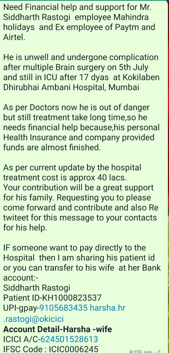 Need urgent help for Siddharth Rastogi undergoing multiple Brain surgery at Kokilaben Ambani Hospital, Mumbai
Kindly contact below numbers immediately..
<a href="/AmbaniTina/">Tina Ambani</a> <a href="/anmol_ambani/">Anmol A Ambani</a>