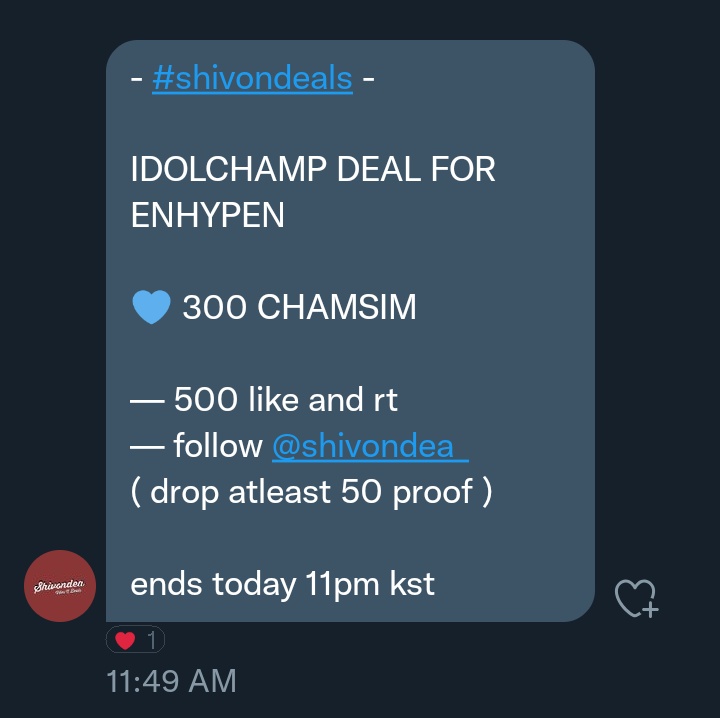 tfwskai's tweet image. - #shivondeals -

IDOLCHAMP DEAL FOR ENHYPEN 

💙 300 CHAMSIM

— 500 like and rt
— follow @shivondea_  ( drop atleast 50 proof )

ends today 11pm kst #ENFuelUp #ENVOOSTERS