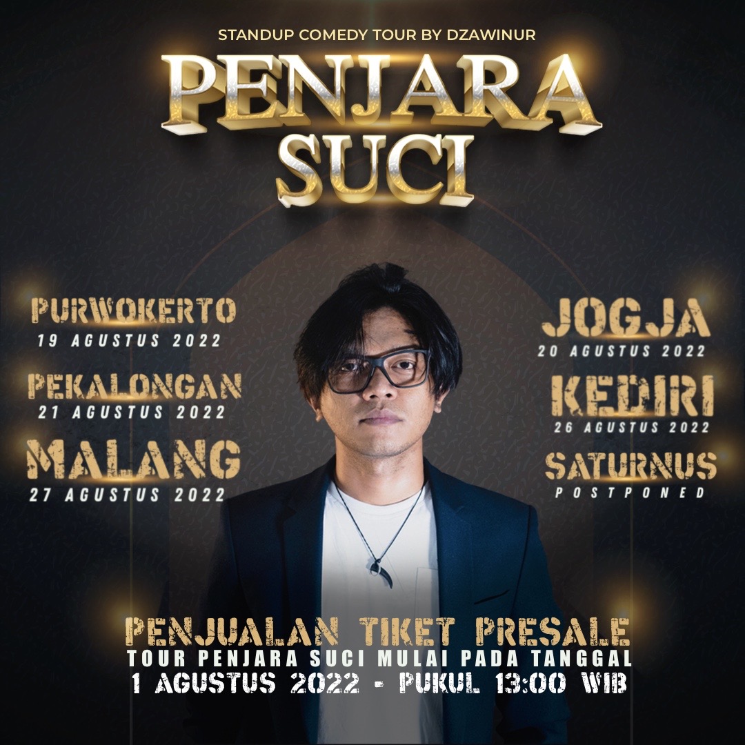 Penjualan tiket presale Penjara Suci akan dibuka besok pukul 13.00.
Untuk informasi lebih lanjut bisa dilihat di instagram:
Purwokerto - <a href="/standupindo_pwt/">Standupindo Purwokerto</a> 
Yogyakarta - <a href="/standupindo_jgj/">Standupindo Jogja</a>
Pekalongan - <a href="/standupindo_pkl/">Standupindo Pekalongan</a> 
Kediri - <a href="/standupindo_kdr/">Standupindo Kediri</a> 
Malang - <a href="/noyugjes/">Noyugjes</a>