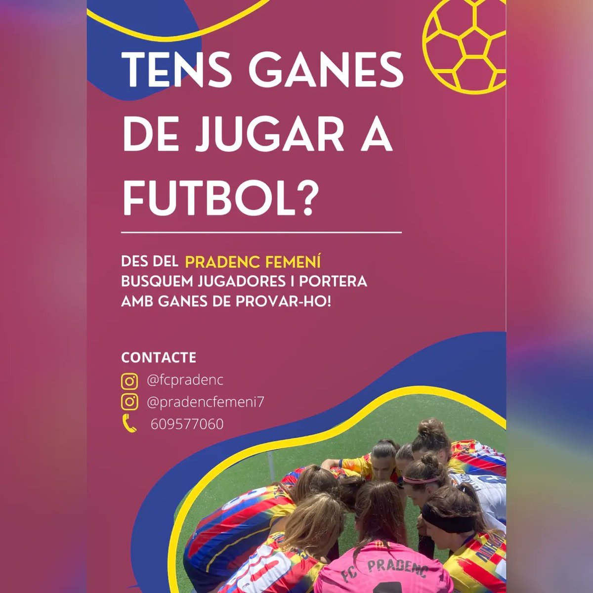 🤗❤️ BONA TARDA FAMÍLIA DEL FUTBOL CLUB PRADENC! 

🔜 L'inici de la nova temporada cada cop és més a prop i VOLEM ASPIRAR A TOT! 👊🏻

‼️ És per aquest motiu que des del Club volem formar un equip per representar els nostres colors dins el futbol femení!