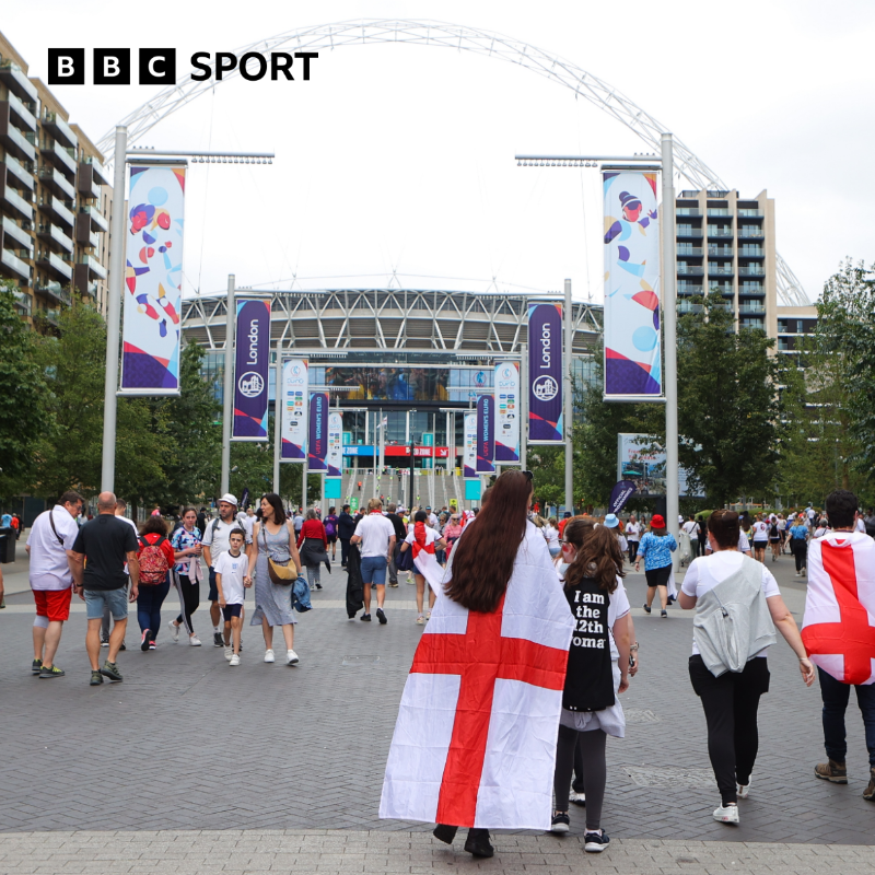 BBCSport's tweet photo. The atmopshere is building at Wembley ahead of tonight's European Championships final between England and Germany 😍

Live pre-match build up and coverage continues on BBC Sport &amp; the BBC Sport app 📺 👇

#BBCFootball #BBCEuros #WEuro2022