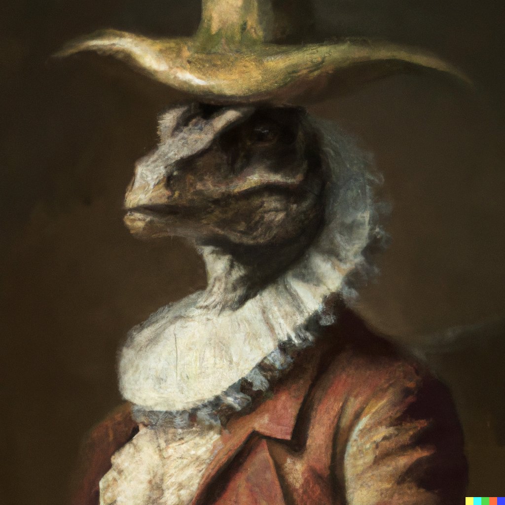 DALL-E's creations of a 'Portrait of an Allosaurus dressed as a 1500s merchant in the style of Rembrandt'. Look, they have lips! 🤗🤓🦖