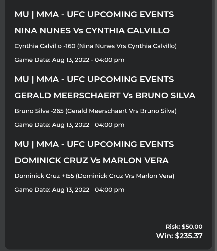 Got this locked in for the 13th of August, Nina Nunes is rough, GM3 is a can tester and Dominick Cruz at PLUS money?!?! Y'all crazy, bro has never lost in a non title fight and that doesn't start with Chito. @DominickCruz https://t.co/MHQjbQSmWs